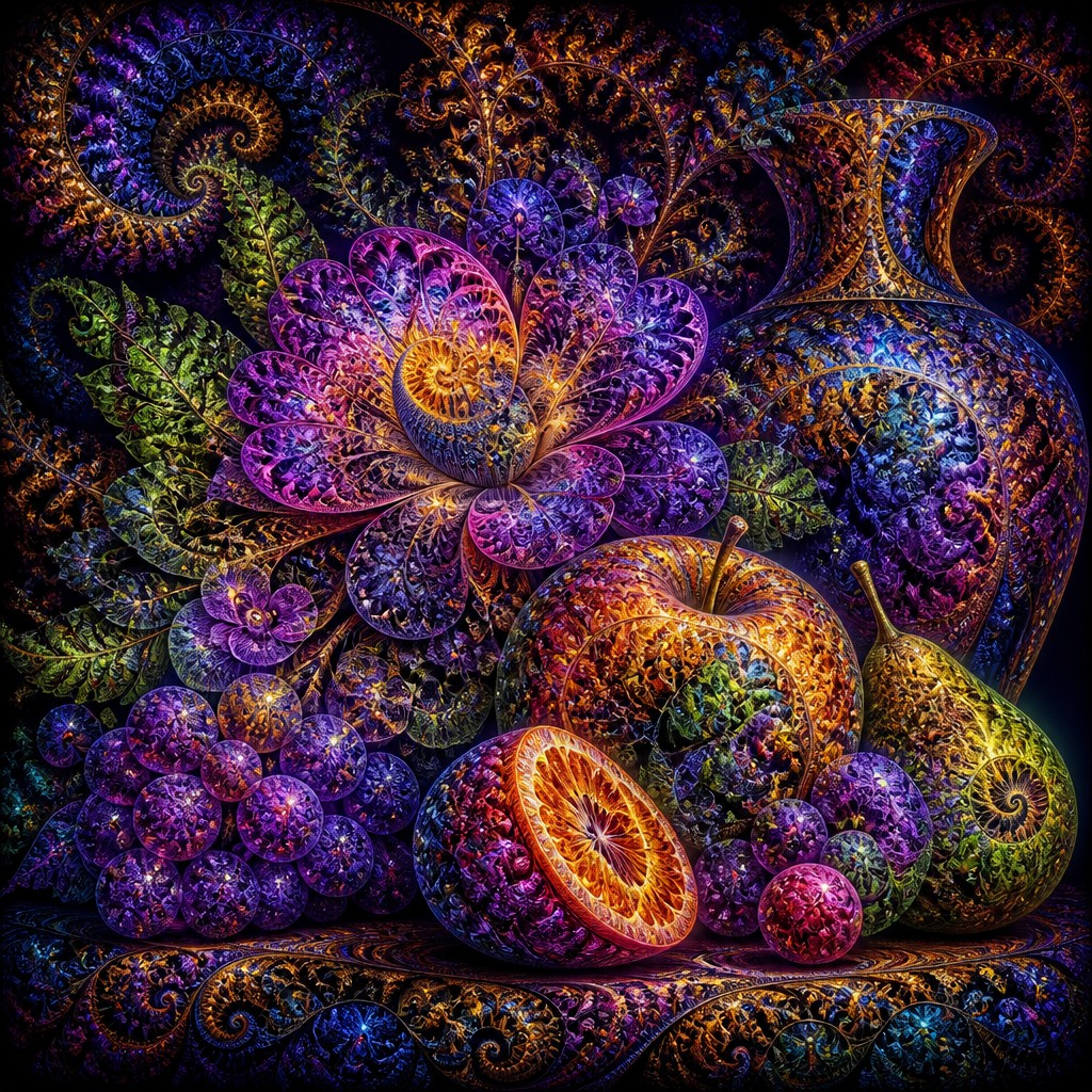still life arrangement of fruits and flowers