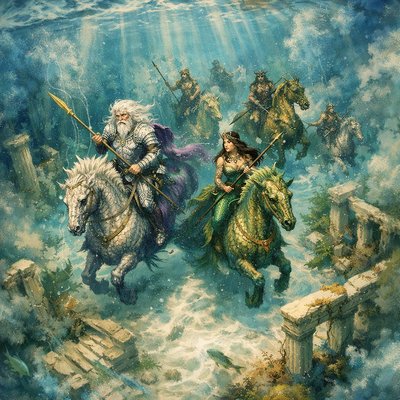 Golden Age Fantasy Illustration Style, Painterly Realism, Crystalline Underwater Photography Aesthetic. A stunning view looking straight down through impossibly clear, glassy ocean water, as if peering over the edge of a ship. Below, on the white sand seabed, are the seaweed-covered ruins of a sunken, ancient civilization.

The Merpeople: A royal hunting party of Narnian Mermen and Mermaids are riding through the submerged streets on the backs of sea horses with their own tails astride the seahorse sitting side saddle. They are not gentle, fairy-tale creatures, but possess a wild, fierce majesty. They ride large, powerful, scaled hippocamps (mythical sea-horses). 

Key Figures & Details: The Mer-King, with flowing white hair and a stern expression, wears armor crafted from iridescent pearl and abalone shells, brandishing a long spear tipped with gold. His powerful tail is deep amethyst. A fierce Mer-Queen rides beside him, her colors shimmering emerald and gold. Smaller merfolk follow, shaking spears.

Lighting & Atmosphere: Bright shafts of sunlight pierce the deep water, illuminating the underwater dust motes and making the scales of the merfolk and their mounts sparkle intensely. The mood is silent, ancient, and awe-inspiring.