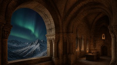 a flowing aurora over snowy peaks, wide sweeping composition, no people, no text