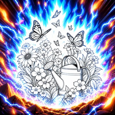 a garden scene with butterflies, flowers and a watering can, clean uncolored line art, no text