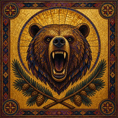 a roaring bear head above crossed pine branches, bold graphic composition on a plain background, no text