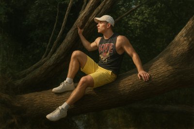 a man sitting on top of a tree branch