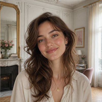 head-and-shoulders portrait of an original character: a young woman with wavy chestnut hair and a warm smile, plain soft backdrop