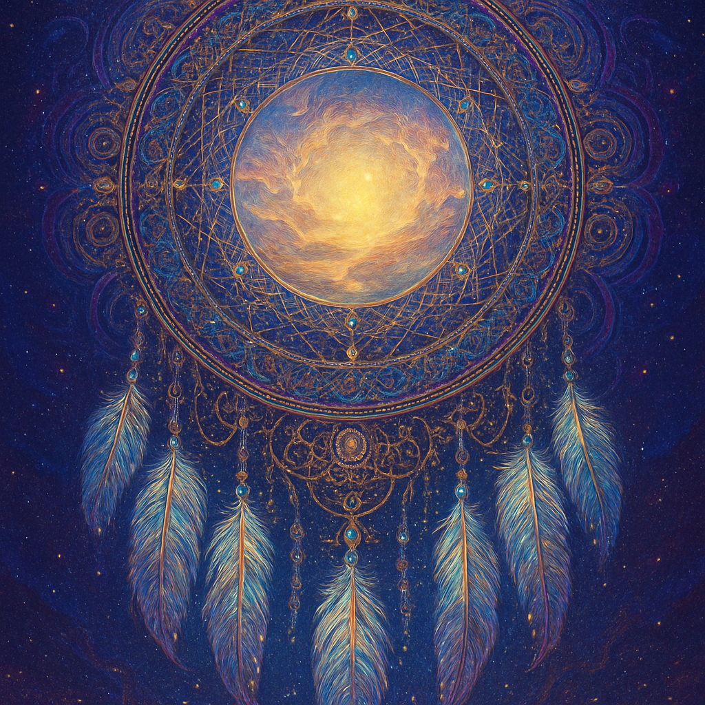Visionary Art Style, a magnificent and intricate dream catcher is centrally suspended, its delicate threads and web meticulously woven with beads and feathers that glow softly. Within the very center of its web, the dream catcher is catching a breathtaking, radiant glimpse of Heaven. This glimpse reveals a scene of ethereal golden light, celestial swirling clouds in soft pastels, and hints of majestic, serene landscapes bathed in divine luminosity. The dream catcher itself is adorned with vibrant, iridescent feathers in hues of white, pearl, and soft blue, and tiny shimmering beads, all illuminated by the heavenly light it contains. It hangs against a deep, mystical twilight sky, with distant stars twinkling softly. Focus on the stunning contrast between the detailed, earthy dream catcher and the luminous, otherworldly vision within its web, emphasizing the radiant glow and the profound, peaceful beauty of the celestial glimpse.