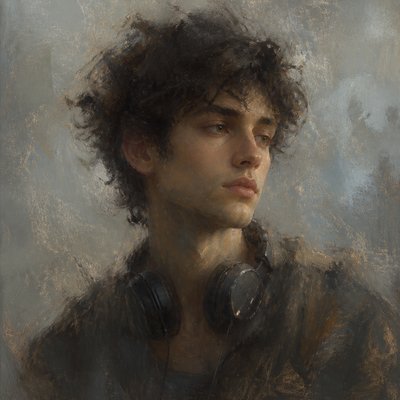 head-and-shoulders portrait of an original character: a young man with curly dark hair and headphones around his neck, plain backdrop, no text