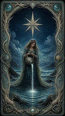 a robed figure pouring water beneath a large eight-pointed star in a night sky, symmetrical composition with an ornate decorative border, no text