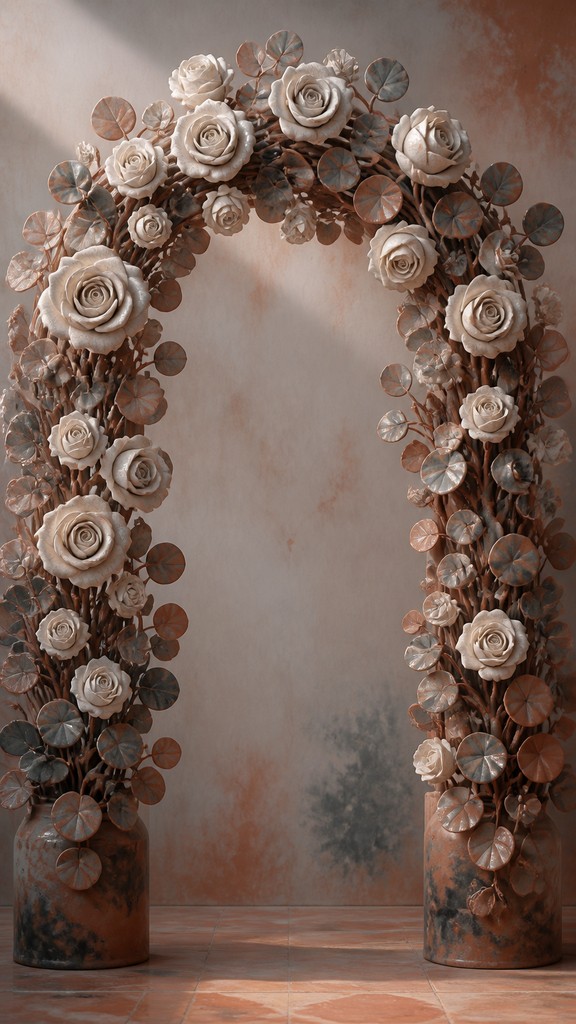 an arch of white roses and eucalyptus in soft morning light, elegant vertical composition with open space, no text