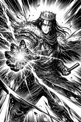a black and white drawing of a man holding a sword
