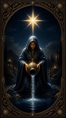 a robed figure pouring water beneath a large eight-pointed star in a night sky, symmetrical composition with an ornate decorative border, no text