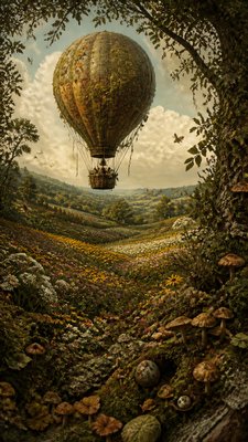 a hot air balloon drifting over rolling flower fields on a sunny day, cheerful, no text