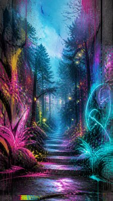 a mysterious forest path with fireflies and drifting mist, atmospheric vertical composition with open space at the top, no text
