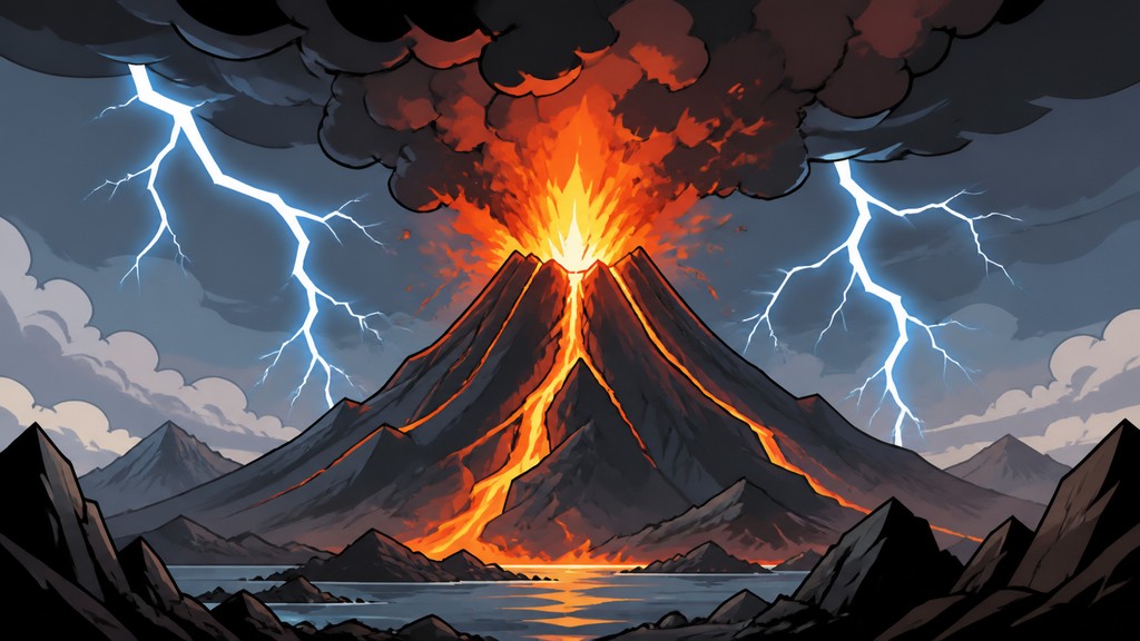 an erupting volcano with lightning strikes, dramatic wide composition, no text