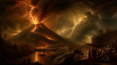 an erupting volcano with lightning strikes, dramatic wide composition, no text