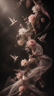 a climbing vine of flowers and hummingbirds on a dark background, tall wrapping composition, no text