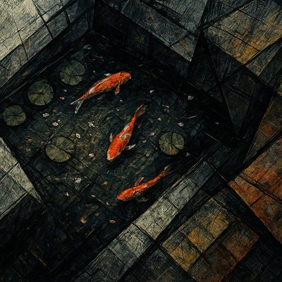 A koi pond seen from above, orange and white koi fish swimming among lily pads, clear water with subtle ripples, fallen cherry blossom petals floating on the surface, dappled sunlight