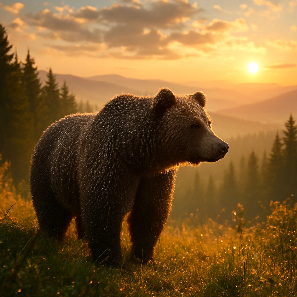 A grizzly bear on the edge of a forest on a mountain, overlooking a beautiful partly cloudy sky. Proverbs 17:12 KJV Let a bear robbed of her whelps meet a man, rather than a fool in his folly.