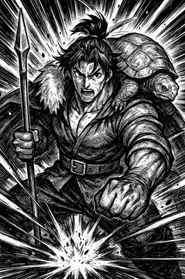 a black and white drawing of a man holding a sword