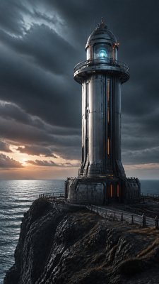 a lone lighthouse on a cliff at dusk under a dramatic sky, no text or lettering