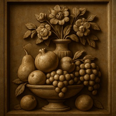 still life arrangement of fruits and flowers