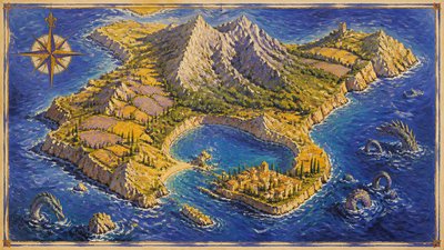 a map of an island realm with mountains, forests, a sheltered bay, sea monsters in the water and a compass rose, no text labels