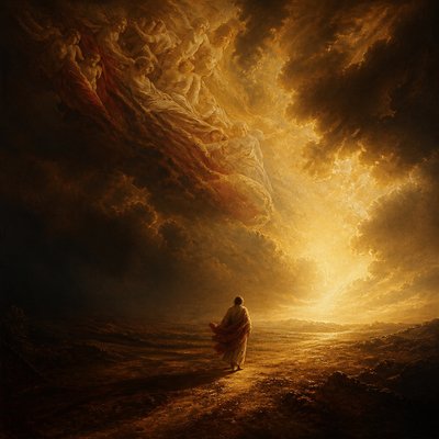 a solitary figure walking toward a glowing horizon across an empty plain, moody atmosphere, no text or lettering