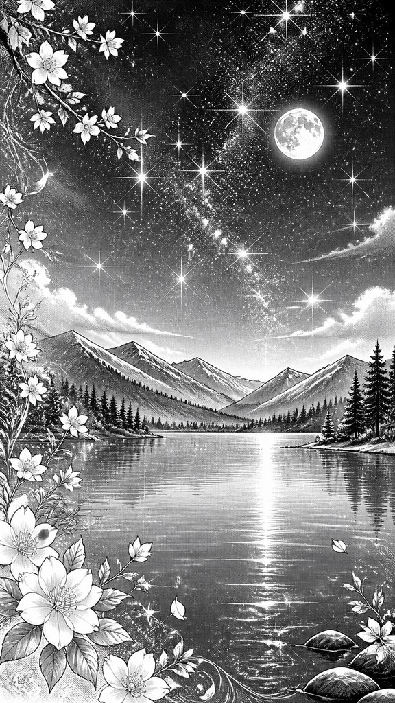 a tranquil mountain lake beneath a starry night sky, no people, no text