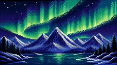a flowing aurora over snowy peaks, wide sweeping composition, no people, no text