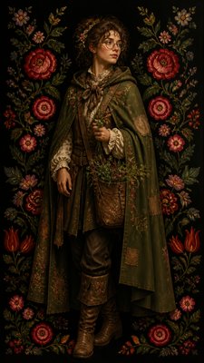 full-body original character: a wandering botanist with a satchel of plants, a patched green cloak, tall boots and round glasses, neutral background