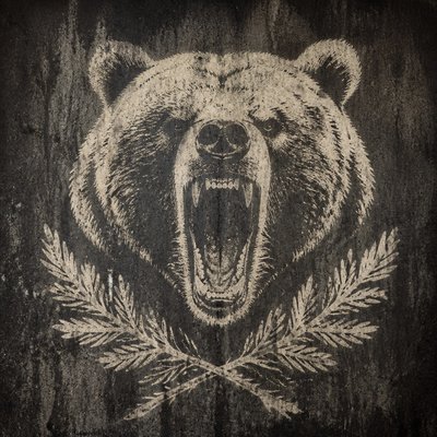 a roaring bear head above crossed pine branches, bold graphic composition on a plain background, no text