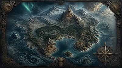 a map of an island realm with mountains, forests, a sheltered bay, sea monsters in the water and a compass rose, no text labels