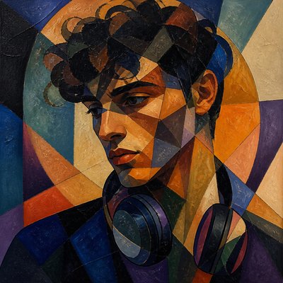 head-and-shoulders portrait of an original character: a young man with curly dark hair and headphones around his neck, plain backdrop, no text