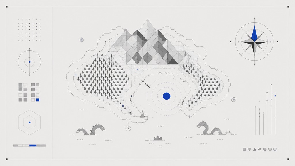 a map of an island realm with mountains, forests, a sheltered bay, sea monsters in the water and a compass rose, no text labels