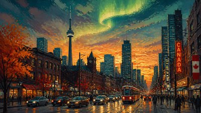 bustling city street panorama at dusk