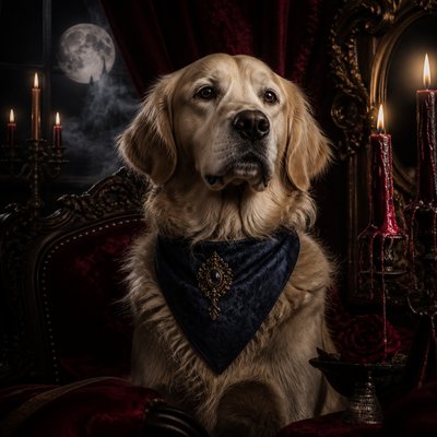 portrait of a golden retriever wearing a blue bandana, warm plain backdrop, no text