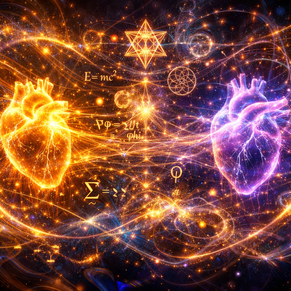 A stunning conceptual art piece representing Colossians 2:2. Two vibrant, glowing human hearts are positioned in a dark, cosmic void. They are not touching, but are connected by hundreds of vibrating, iridescent "quantum threads" and swirling subatomic particles. When one heart pulses with golden light, the other reacts instantly with the same frequency, symbolizing quantum entanglement. The space between them is filled with glowing mathematical equations and sacred geometry representing the "treasures of wisdom and knowledge." Hyper-realistic, ethereal, neon-amber and deep violet palette, 8k resolution.