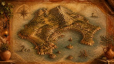 a map of an island realm with mountains, forests, a sheltered bay, sea monsters in the water and a compass rose, no text labels