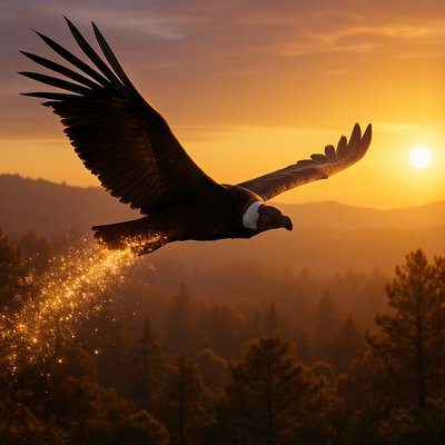 Hyper-realistic Andean condor flying in the sky over a forest, leaving a shimmering trail of glittering sparkles where it goes, extreme detail, photorealistic, cinematic lighting