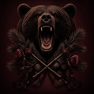 a roaring bear head above crossed pine branches, bold graphic composition on a plain background, no text