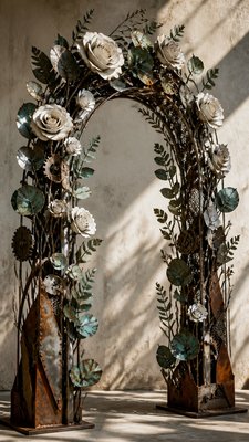 an arch of white roses and eucalyptus in soft morning light, elegant vertical composition with open space, no text