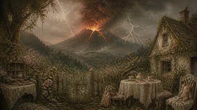 an erupting volcano with lightning strikes, dramatic wide composition, no text
