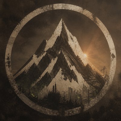 an emblem of a mountain peak inside a circle, simple bold shapes on a plain background, no text or lettering