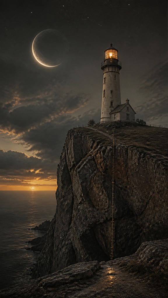 a lone lighthouse on a cliff at dusk under a dramatic sky, no text or lettering