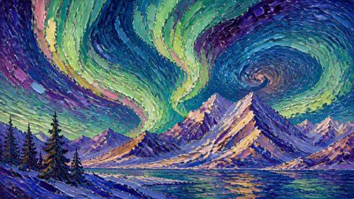 a flowing aurora over snowy peaks, wide sweeping composition, no people, no text