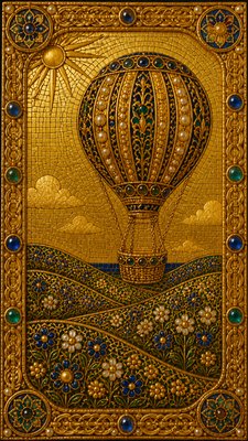 a hot air balloon drifting over rolling flower fields on a sunny day, cheerful, no text