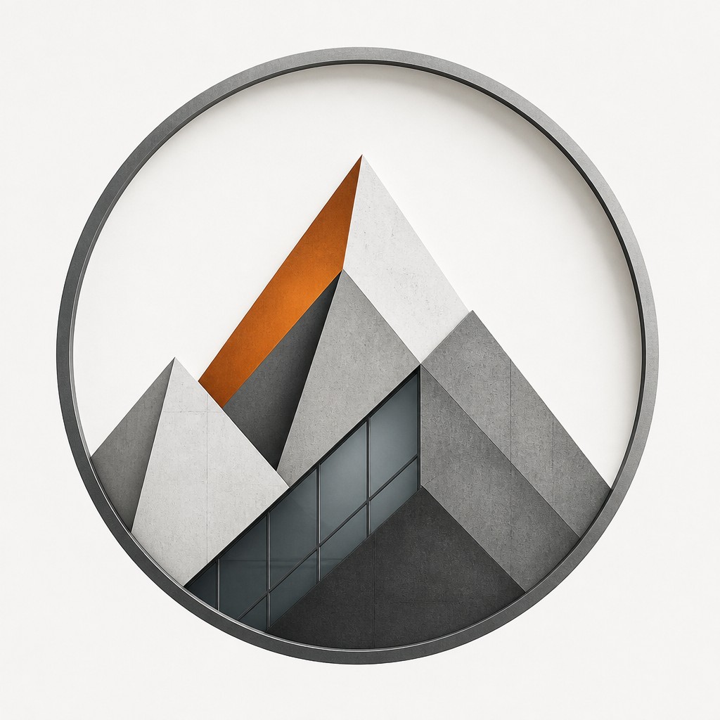 an emblem of a mountain peak inside a circle, simple bold shapes on a plain background, no text or lettering