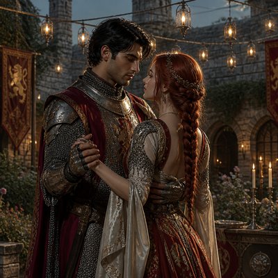 an original couple dancing under string lights in a garden at dusk: a man with short black hair in a linen shirt and a woman with braided red hair in a summer dress