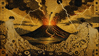 an erupting volcano with lightning strikes, dramatic wide composition, no text