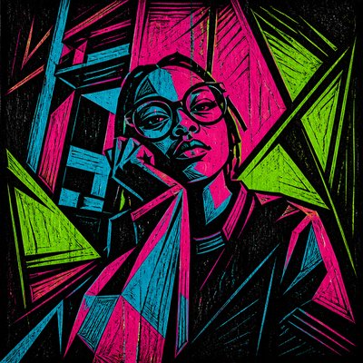 a black woman with glasses and a pink and green background