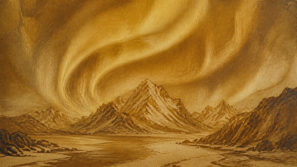 a flowing aurora over snowy peaks, wide sweeping composition, no people, no text