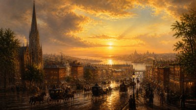 bustling city street panorama at dusk